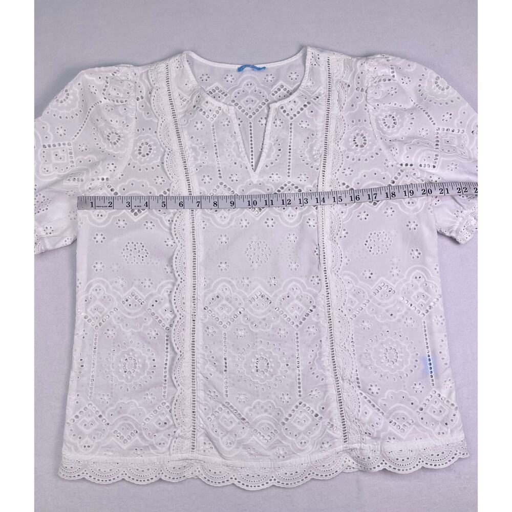 J. McLaughlin Jonie White Eyelet Cotton Blouse Split Neck Puff Sleeve Size L - Picture 8 of 10